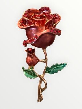 Red Rose Enamel & Crystal Flower Brooch